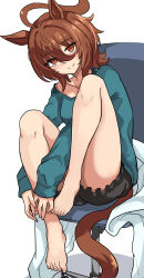absurdres agnes_tachyon_(umamusume) ahoge animal_ears arm_between_legs barefoot black_shorts blue_sweater brown_hair coat collarbone feet_on_chair frilled_shorts frills highres horse_ears horse_girl horse_tail huge_ahoge long_sleeves looking_at_viewer okitsugu on_chair short_hair shorts simple_background sitting smile sweater tail umamusume unworn_coat white_background