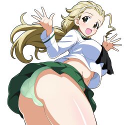 1girl :d absurdres ass black_neckerchief blonde_hair blouse brown_eyes cameltoe commentary cowboy_shot crotch_seam from_side girls_und_panzer gogopaint green_panties green_skirt hair_pulled_back hairband highres leaning_forward long_hair long_sleeves looking_at_viewer looking_back midriff miniskirt navel neckerchief ooarai_school_uniform open_mouth panties pantyshot pleated_skirt ponytail sailor_collar sasaki_akebi school_uniform serafuku shirt simple_background skirt smile solo standing underwear waving white_background white_hairband white_sailor_collar white_shirt