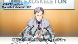 1boy black_hair blue_shirt breast_pocket brown_vest business_suit buttons collared_shirt english_text formal_clothes frown fukuda_tomonori game_cg highres interview lapels long_sleeves microphone multicolored_hair necktie notched_lapels official_art orange_eyes own_hands_clasped own_hands_together pocket polka_dot_necktie red_necktie robotics;notes sawada_toshiyuki serious shirt solo suit tsurime vest white_hair