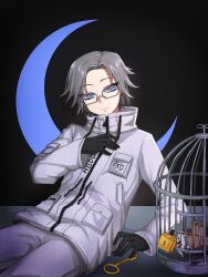 1boy aotsuki_eito birdcage black_background black_gloves blue_eyes cage glasses gloves highres key long_sleeves looking_at_viewer male_focus moon_(symbol) parted_hair simple_background sirei_(hundred_line) solo the_hundred_line_-last_defense_academy- white_hair