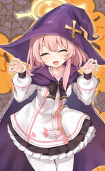 1girl blue_archive cape claw_pose closed_eyes dress facing_viewer feather_hair frilled_dress frills halloween_costume hat highres long_sleeves matsu520 open_mouth pantyhose pink_hair puffy_long_sleeves puffy_sleeves purple_cape serina_(blue_archive) silk solo spider_web white_dress white_pantyhose witch_hat