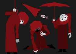 Rule 34 | 1boy, absurdres, black background, bleeding, blood, bloody tears, chinese commentary, chlorenw, coat, commentary request, highres, holding, holding umbrella, homicipher, looking at viewer, male focus, mr. scarletella, multiple views, no lineart, red coat, red eyes, red hair, red umbrella, short hair, simple background, umbrella