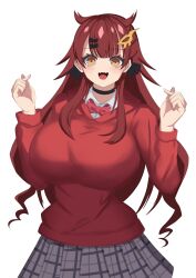 Rule 34 | 1girl, black choker, black ribbon, black skirt, bow, bowtie, breasts, brown hair, choker, dragon musume ni naritakunai!, duel masters, fang, hair ornament, hair ribbon, hairpin, highres, hood, hoodie, indoors, justice haruka, large breasts, long hair, looking at viewer, maguma mega, open mouth, plaid clothes, plaid skirt, red bow, red bowtie, red hair, red hoodie, ribbon, shirt, sidelocks, simple background, skirt, smile, solo, standing, very long hair, white background, white shirt, yellow eyes