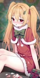 Rule 34 | 1girl, absurdres, alternate costume, arms at sides, blonde hair, blurry, blurry background, blush, bow, bowtie, box, capelet, christmas, christmas tree, christmas tree hair ornament, commentary request, dress, embarrassed, feet out of frame, fur-trimmed capelet, fur-trimmed dress, fur trim, furrowed brow, gift, gift box, green bow, green bowtie, hair between eyes, hair intakes, hair ornament, hair ribbon, highres, indoors, irotoridori no sekai, long hair, looking at viewer, melenas (twdy2773), nikaidou shinku, nose blush, open mouth, plaid bow, plaid bowtie, plaid clothes, pom pom (clothes), red capelet, red dress, red eyes, red ribbon, ribbon, santa capelet, santa costume, santa dress, short dress, sidelocks, sitting, solo, thighs, tsurime, two side up, very long hair