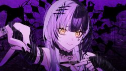 1girl absurdres black_arm_warmers black_hair black_nails breasts cleavage closed_mouth commentary_request grey_hair higeji_(higeji404) highres hololive hololive_english jewelry long_hair looking_at_viewer multicolored_hair outstretched_arm purple_background ring shiori_novella shiori_novella_(1st_costume) solo split-color_hair striped_arm_warmers two-tone_hair v virtual_youtuber yellow_eyes