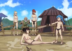 1boy 4girls absurdres ahoge bald barefoot beard black_hair black_panties blonde_hair blue_eyes blue_hair breasts closed_eyes commission commissioner_upload dark-skinned_male dark_skin dhuran_(someinternetloser) dwarf eleanor_(someinternetloser) facial_hair flat_chest functionally_nude gladiator hair_bun highres large_breasts loli medium_breasts monika_tatsumi multiple_girls nipples on_floor original outdoors panties ponytail red_eyes red_hair serious slave sword tattoo the_dark_mangaka topless_female twintails underwear weapon wooden_sword