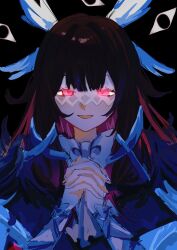1girl angel_wings black_background bow bowtie brown_hair coat columbina_(genshin_impact) cowlick eyelashes facing_viewer fatui_coat feathered_wings fingernails fur_collar genshin_impact glowing glowing_eyes hair_ribbon head_wings highres kasutado_xk98bb lapels large_bow long_hair multicolored_hair multiple_wings open_mouth own_hands_clasped own_hands_together pink_hair red_eyes ribbon sketch solo straight-on streaked_hair tress_ribbon white_bow white_bowtie white_coat white_ribbon white_wings wings wrist_bow