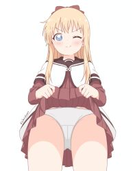 1girl artist_name blonde_hair blue_eyes bow brown_bow brown_dress brown_sailor_collar chrislu07 clothes_lift dress dress_lift from_below hair_bow highres lifting_own_clothes light_blush light_smile long_sleeves looking_at_viewer looking_down nanamori_school_uniform one_eye_closed panties sailor_collar sailor_dress school_uniform sidelocks simple_background solo straight_hair thighs toshinou_kyouko underwear vest white_background white_panties white_vest yuruyuri