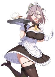 1girl absurdres apron black_dress blush breasts cleavage cup dress fate/grand_order fate_(series) fudayasa gloves grey_eyes highres huyan_zhuo_(fate) huyan_zhuo_(fgo_fes._2025)_(fate) large_breasts looking_at_viewer maid maid_headdress multicolored_hair open_mouth puffy_short_sleeves puffy_sleeves short_hair short_sleeves smile solo streaked_hair teacup teapot tray waist_apron white_apron wrist_cuffs
