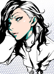 1girl black_hair coat digital_devil_saga from_above grey_eyes hand_on_own_cheek hand_on_own_face hexagon high_collar jenna_angel jewelry long_sleeves looking_at_viewer macossa medium_hair necklace solo white_background white_coat