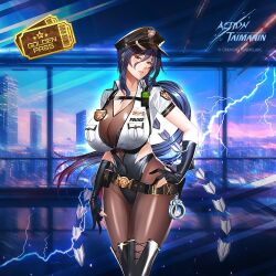 Rule 34 | 1girl, action taimanin, alternate costume, biker clothes, blue hair, bodysuit, breasts, city, cleavage, copyright name, cosplay, curvy, electricity, fei (maidoll), glass, gloves, hair ornament, hairclip, hand on own hip, hat, high ponytail, highleg, highleg leotard, huge breasts, impossible clothes, indoors, leotard, lilith-soft, lips, long hair, looking at viewer, official alternate costume, police, police hat, police uniform, policewoman, ponytail, revealing clothes, shiny clothes, shiny skin, simple background, smile, taimanin (series), uehara rin, very long hair, wide hips