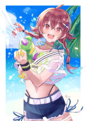 1girl absurdres ahoge belt bikini blue_shorts blue_sky blush braid breasts cloud collarbone commentary_request denim denim_shorts dot_nose fishnet_thighhighs fishnet_top fishnets green_bikini hair_between_eyes hair_flaps hair_ornament hairclip highleg highleg_bikini highres holding holding_water_gun idolmaster idolmaster_shiny_colors kevn komiya_kaho long_hair looking_at_viewer low_twin_braids medium_breasts navel ocean open_mouth palm_tree red_eyes red_hair shorts sidelocks sky smile solo swimsuit thighhighs tree twin_braids water water_gun white_belt wristband