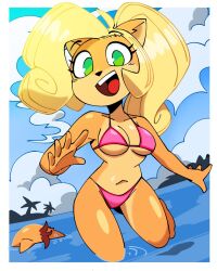 1boy 1girl animal animal_ears animal_nose bandicoot bandicoot_girl barefoot beach bikini blonde_hair breasts brother_and_sister cleavage cloud coco_bandicoot collarbone crash_bandicoot crash_bandicoot_(series) crash_bandicoot_4:_it&#039;s_about_time furry furry_female green_eyes highres horizon long_hair looking_at_viewer medium_breasts navel non-web_source ocean open_mouth orange_fur outdoors palm_tree pink_bikini ponytail quintzeee siblings sky smile standing standing_on_one_leg swimsuit teeth tree two-tone_fur underboob wading yellow_fur
