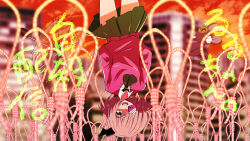 1girl bandaged_head bandages black_horns blonde_hair blunt_bangs blurry blurry_background cellphone collared_shirt eyepatch green_eyes green_neckerchief green_skirt hands_in_pockets highres horns long_sleeves neckerchief ng.rabbit noose phone phone_eyepatch pink_sweater puffy_sleeves ruru_(shinsei_kamattechan) shinsei_kamattechan shirt short_hair single_horn skirt solo stuffed_animal stuffed_mouse stuffed_toy sweater thighs translation_request upside-down white_shirt