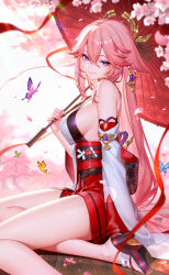1girl animal_ears breasts closed_mouth detached_sleeves fox_ears genshin_impact hair_between_eyes highres holding holding_umbrella lightria long_hair long_sleeves nontraditional_miko outdoors pink_hair sandals sideboob sitting smile solo thighs umbrella very_long_hair yae_miko