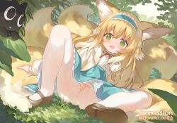 1girl animal_ears arknights artist_name blonde_hair blue_hairband blue_skirt bow bowtie brown_shoes cardigan cloneko_(zelmeledf2) collared_shirt commentary_request commission dress_shirt fox_ears fox_girl fox_tail frilled_hairband frills full_body green_eyes hair_ornament hair_scrunchie hairband highres kitsune kyuubi loafers loli long_hair long_sleeves luo_xiaohei luo_xiaohei_(cat) luo_xiaohei_zhanji multicolored_hair multiple_tails open_cardigan open_clothes open_mouth pee peeing peeing_self red_bow red_bowtie scrunchie shirt shoes sitting skeb_commission skirt solo suzuran_(arknights) suzuran_(spring_praise)_(arknights) tail two-tone_hair upskirt variant_set very_long_hair white_cardigan white_hair white_scrunchie white_shirt