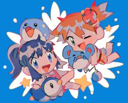 2girls asymmetrical_hair bare_shoulders bikini blue_eyes blue_hair blush cowboy_shot dawn_(pokemon) diagonal-striped_bikini diagonal-striped_clothes diagonal-striped_swimsuit dress flower frilled_bikini frills gen_2_pokemon gen_3_pokemon gen_4_pokemon green_eyes groin hair_between_eyes hair_flower hair_ornament hinann_bot legs marill misty_(pokemon) multiple_girls navel nintendo open_mouth orange_dress orange_hair piplup pokemon pokemon:_arceus_and_the_jewel_of_life pokemon_(anime) pokemon_dppt_(anime) pokemon_sm102 pokemon_sm_(anime) ponytail short_ponytail side_ponytail smile spheal striped_clothes swimsuit yellow_bikini