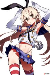 1girl absurdres aiuti anchor_hair_ornament black_neckerchief black_panties blonde_hair blue_sailor_collar blue_skirt brown_eyes elbow_gloves gloves hair_between_eyes hair_ornament highleg highleg_panties highres horizontal-striped_thighhighs kantai_collection lifebuoy long_hair microskirt navel neckerchief open_mouth panties pleated_skirt sailor_collar shimakaze_(kancolle) skirt solo striped_clothes striped_thighhighs swim_ring thighhighs thong underwear very_long_hair white_gloves