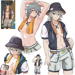 1boy 1girl abs absurdres blush breasts bucket_hat cleavage dashi_(dashiart) genderswap genderswap_(mtf) green_eyes grey_hair hat highres jewelry medium_breasts necklace official_alternate_costume phone short_hair shorts wise_(zenless_zone_zero) zenless_zone_zero