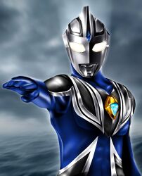 Rule 34 | 1boy, alien, armor, black skin, blue gemstone, blue skin, breastplate, cloud, collarbone, color timer, colored skin, commentary, compound eyes, dark clouds, dorsal fin, forehead jewel, gem, glowing, glowing eyes, hanejidyna86, highres, horizon, looking ahead, male focus, multicolored skin, ocean, outstretched arm, overcast, pectorals, shoulder armor, silver skin, silver trim, sky, solo, standing, tokusatsu, toned, toned male, ultra series, ultraman agul, ultraman gaia (series), upper body, white eyes, wrinkled skin