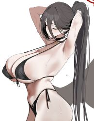 1girl absurdres armpits arms_behind_head arms_up bikini black_bikini black_choker black_hair black_wings blue_archive blush breasts choker closed_eyes commentary front-tie_bikini_top front-tie_top hair_between_eyes halo hasumi_(blue_archive) hasumi_(swimsuit)_(blue_archive) highres huge_breasts long_hair long_hair_between_eyes mole mole_under_eye official_alternate_costume ponytail side-tie_bikini_bottom simple_background skindentation solo string_bikini sweat swimsuit symbol-only_commentary toma_(toma50) tying_hair very_long_hair white_background wings