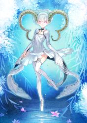1girl blue_background blue_choker blue_hair braid braided_bun bright_pupils choker closed_mouth dress expressionless fate/grand_order fate_(series) full_body game_cg hair_bun horns larva_tiamat_(fate) larva_tiamat_(first_ascension)_(fate) leg_up looking_at_viewer official_art pendant_choker pink_eyes pointy_ears ripples short_dress short_hair sleeves_past_fingers sleeves_past_wrists solo standing standing_on_one_leg symbol-shaped_pupils thighhighs third-party_source tiamat_(fate) variant_set white_dress white_pupils white_thighhighs x-shaped_pupils yamanaka_kotetsu