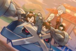 1girl 2boys :d blurry blurry_background brother_and_sister building closed_eyes cloud collared_shirt commentary_request gen_3_pokemon highres hyano9119 jacket liza_(pokemon) lying metagross multiple_boys necktie nintendo on_stomach open_mouth outdoors pants pokemon pokemon_(creature) pokemon_oras riding riding_pokemon shirt shoes short_hair siblings signature sky smile steven_stone tate_(pokemon) twilight vest