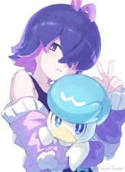1girl black_tank_top blue_eyes blush closed_mouth cocontoozai crossed_bangs dot_(pokemon) hair_between_eyes highres holding holding_pokemon jacket long_sleeves looking_at_viewer multicolored_hair nintendo off_shoulder pink_hair pink_jacket pokemon pokemon_(anime) pokemon_(creature) pokemon_horizons purple_eyes purple_hair quaxly simple_background sleeves_past_wrists tank_top twitter_username w white_background