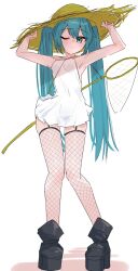 1girl alternate_costume aqua_hair bare_shoulders black_boots blue_eyes boots dress fishnet_thighhighs fishnets full_body garter_straps hand_net hat hatsune_miku highres long_hair looking_at_viewer one_eye_closed simple_background smile solo standing straw_hat sundress thighhighs thinker25075754 twintails vocaloid white_background white_dress