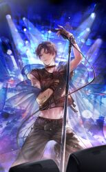 Rule 34 | 1boy, abs, arm tattoo, artist request, belt, belt buckle, belt collar, black belt, black gloves, black shirt, black shoes, blue shawl, brown hair, buckle, cable, collar, denim, fingerless gloves, game cg, gloves, grey eyes, grey pants, hand up, highres, holding, holding microphone, idol, inky soundwave (shining nikki), jeans, light particles, male focus, marking on cheek, microphone, microphone stand, multiple belts, navel, night, night sky, nikki (series), official art, outdoors, pants, parted bangs, parted lips, qin yi, see-through clothes, see-through shawl, shawl, shining nikki, shirt, shoes, short hair, short sleeves, sky, solo, squatting, stage, stage lights, studded belt, tattoo, toned, wrist belt
