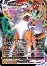 animal_focus arita_mitsuhiro artist_name card_(medium) character_name company_name copyright_name copyright_notice dynamax english_text fangs gen_7_pokemon green_eyes lycanroc lycanroc_(dusk) nintendo no_humans official_art open_mouth pokemon pokemon_(creature) pokemon_card pokemon_focus pokemon_tcg red_clouds solo third-party_source trading_card