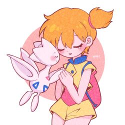 1girl asymmetrical_hair closed_eyes creatures_(company) game_freak gen_2_pokemon hair_tie highres legs misty_(pokemon) nintendo orange_hair pokemon pokemon_(anime) pokemon_rse_(anime) ponytail red_hair shirt side_ponytail thighs togetic wide_hips yellow_shirt