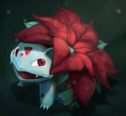 animal_focus claws commentary ellsiedoodle english_commentary fangs flower full_body gen_1_pokemon green_background highres ivysaur looking_at_viewer nintendo no_humans nostrils open_mouth poinsettia pokemon pokemon_(creature) red_eyes signature solo