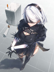 Rule 34 | 1girl, 2b (nier:automata), absurdres, black dress, black gloves, black mask, black thighhighs, breasts, character request, cleavage, cleavage cutout, clothing cutout, commentary request, dress, from above, gloves, headband, highres, juliet sleeves, large breasts, long sleeves, mole, nier:automata, nier (series), puffy sleeves, short hair, smile (qd4nsvik), thighhighs, white hair