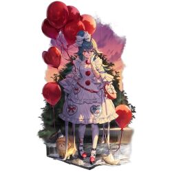 1girl 1other aqua_hair axe balloon bandaged_leg bandages black_shoes bow breasts cleavage clown cosplay dog dress dusk foliage full_body georgie_denbrough georgie_denbrough_(cosplay) girls&#039;_frontline gloves grin hair_between_eyes hair_bow hair_ornament hairclip halloween hand_on_own_face heart heart_balloon high_heels holding holding_balloon it_(stephen_king) long_hair looking_at_viewer m327_(girls&#039;_frontline) m327_(it_follows)_(girls&#039;_frontline) makeup medium_breasts official_alternate_costume official_art pantyhose paper_boat pennywise pennywise_(cosplay) pom_pom_(clothes) raincoat red_bag red_eyes rubik&#039;s_cube shoes simple_background smile solo standing storm_drain third-party_source transparent_background water when_you_see_it white_bow white_dress white_gloves white_pantyhose whoisshe yellow_raincoat