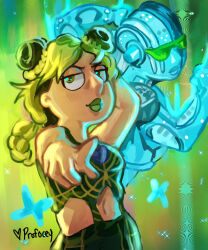 Rule 34 | 1girl, artist name, closed mouth, cosplay, double bun, family guy, green eyes, green hair, green lips, hair bun, highres, jojo no kimyou na bouken, kujo jolyne (cosplay), kuujou jolyne, long hair, looking at viewer, meg griffin, pointing, pointing at viewer, profocey, stand (jojo), stone free, stone free (cosplay), stone ocean
