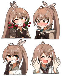 1girl ahoge berry blush brown_eyes brown_hair ddolbang feather_hair_ornament feathers gloves hair_ornament highres hololive hololive_english long_hair looking_at_viewer multicolored_hair multiple_views nanashi_mumei ponytail shirt skirt smile streaked_hair very_long_hair virtual_youtuber white_shirt