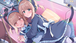 2girls absurdres animal_ear_headphones animal_ears apron black_dress blonde_hair blue_archive blue_bow bow cat_tail cd controller dress fake_animal_ears frilled_dress frills game_controller green_eyes green_halo hair_bow halo headphones highres kei_(robot)_(blue_archive) kuroliu_9021 loli long_sleeves maid maid_apron maid_headdress midori_(blue_archive) midori_(maid)_(blue_archive) momoi_(blue_archive) momoi_(maid)_(blue_archive) multiple_girls official_alternate_costume panties panties_under_pantyhose pantyhose pink_halo red_bow red_eyes short_hair siblings sisters tail twins underwear white_apron white_panties white_pantyhose