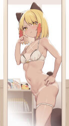 1girl absurdres animal_ears bare_shoulders bikini_tan blonde_girl_(cloba) blonde_hair blush bra breasts cloba closed_mouth commentary_request hand_on_own_cheek hand_on_own_face hand_on_own_hip highres indoors light_frown looking_at_mirror looking_at_viewer mirror multicolored_hair navel original panties panty_pull small_breasts solo standing tail tan tanline underwear underwear_only white_bra white_panties yellow_eyes