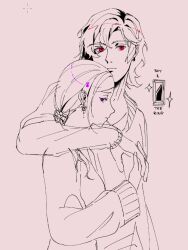 1boy 1girl artist_name closed_mouth commentary dixoterin earrings eyelashes from_side gem holding_hands jacket jewelry junpei_(kyokugen_dasshutsu) kyokugen_dasshutsu lineart long_hair long_sleeves kurashiki_akane ponytail purple_eyes red_eyes short_hair simple_background sparkle spot_color star_(symbol) sweater symbol-only_commentary upper_body zero_escape:_toki_no_dilemma