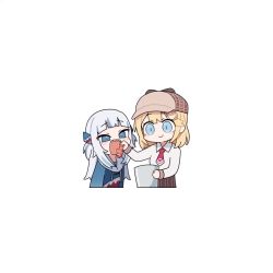 2girls animated bad_id bad_twitter_id biting blonde_hair blue_eyes blue_hair blue_hoodie blush_stickers brown_headwear brown_skirt bucket channel_(caststation) chibi closed_eyes collared_shirt cowboy_shot cropped_legs deerstalker dress_shirt eating feeding fish gawr_gura hair_ornament hat hololive hololive_english hood hoodie long_hair looping_animation minecraft multicolored_hair multiple_girls necktie open_mouth print_hoodie red_neckwear shark_hair_ornament shark_print sharp_teeth shirt short_hair silver_hair simple_background skirt smile streaked_hair teeth two-tone_hair two_side_up video virtual_youtuber watson_amelia white_background white_shirt wing_collar