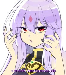 1girl alternate_costume black_nails breasts corruption dark_persona facial_mark fire_emblem fire_emblem:_genealogy_of_the_holy_war fire_emblem_heroes forehead_mark hands_up julia_(fire_emblem) julia_(heart_usurped)_(fire_emblem) lipstick long_hair looking_at_viewer loptous_(fire_emblem) makeup medium_breasts nintendo official_alternate_costume open_mouth possessed possession purple_hair purple_lips red_eyes solo upper_body yukia_(firstaid0)