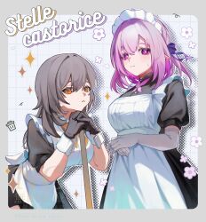 2girls absurdres apron black_dress black_gloves breasts broom castorice_(honkai:_star_rail) character_name commentary_request dress elbow_gloves gloves grey_hair highres honkai:_star_rail honkai_(series) large_breasts looking_at_viewer maid maid_apron maid_headdress medium_hair multiple_girls nico_(nicorkgk) pointy_ears purple_eyes purple_hair short_hair stelle_(honkai:_star_rail) trailblazer_(honkai:_star_rail) white_apron white_gloves yellow_eyes