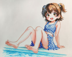 1girl ahoge akagi_miria armpit_crease arms_at_sides barefoot bikini bikini_skirt black_hair blush brown_eyes cameltoe child collarbone eyelashes feet feet_up female_focus flat_chest frilled_bikini frills full_body hair_ornament happy highres idolmaster idolmaster_cinderella_girls idolmaster_cinderella_girls_u149 knees legs long_hair looking_at_viewer midriff namco navel neck open_mouth poolside short_twintails sidelocks simple_background soles solmyr2000 swimsuit thighs toenails toes traditional_media twintails upskirt