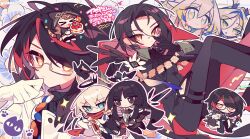 &gt;_&lt; 3girls 4boys arknights black_eyes black_hair black_hood black_pants black_shirt blonde_hair blue_eyes broken_halo can cape chibi chibi_inset coat commentary_request executor_(arknights) executor_the_ex_foedere_(arknights) flower gift_art glasses gnosis_(arknights) gnosis_(forerunner)_(arknights) grey_eyes halo highres holding holding_can holding_staff ji_(arknights) long_hair looking_at_viewer multicolored_hair multiple_boys multiple_girls outline pants pawpads pepe_(arknights) pointy_ears red_cape red_eyes red_hair red_scarf scarf shirt short_hair shu_(arknights) staff streaked_hair twitter_username virtuosa_(arknights) white_coat white_flower wings ym_dpl
