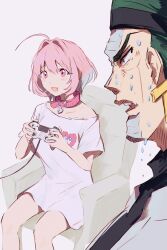 Rule 34 | 1boy, 1girl, absurdres, ahoge, armored core grip, belt collar, chair, collar, controller, couch, crossover, fang, game controller, green hair, grey background, hair between eyes, hair intakes, hamachamu, hands up, heart-shaped lock, highres, holding, holding controller, holding game controller, idolmaster, idolmaster cinderella girls, jojo no kimyou na bouken, looking at another, multicolored hair, nervous sweating, no pants, on chair, pink eyes, pink hair, profile, shirt, short hair, simple background, sitting, skin fang, stardust crusaders, sweat, terence t. d&#039;arby, thick eyebrows, two-tone hair, yumemi riamu