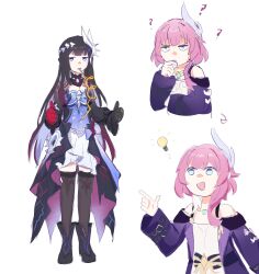 Rule 34 | 2girls, ?, bare shoulders, black boots, black gloves, black hair, black thighhighs, blue eyes, boots, carpp20, commentary, cyrene (honkai: star rail), dress, drinking straw, gloves, hair ornament, hand on own chin, highres, honkai: star rail, honkai (series), hysilens (honkai: star rail), jitome, light bulb, multiple girls, multiple views, pink hair, simple background, standing, thighhighs, thumbs up, white background