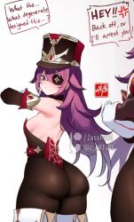 Rule 34 | 1boy, 1girl, ass, ass focus, bare shoulders, chevreuse (genshin impact), dark-skinned male, dark skin, eyepatch, from behind, genshin impact, gloves, groping, hat, long hair, looking back, mole, mole under mouth, out-of-frame censoring, pantyhose, purple eyes, purple hair, shako cap, thick thighs, thighs, zasshu