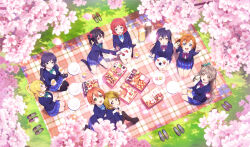 6+girls :d :o absurdres aqua_eyes ayase_eli bento black_hair black_shoes black_thighhighs blazer blonde_hair blue_bow blue_bowtie blue_eyes blue_hair blue_jacket blue_skirt bottle bow bowtie breasts brown_eyes brown_hair cardigan chopsticks closed_mouth cup dango diagonal-striped_bow diagonal-striped_bowtie diagonal-striped_clothes dress_shirt eye_contact food food_art food_theft from_above grass green_bow green_bowtie grey_hair hair_bow hair_ornament hair_scrunchie hanami highres holding holding_chopsticks holding_cup holding_food holding_plate holding_with_chopsticks hoshizora_rin hug hug_from_behind index_finger_raised jacket juice knees_up koizumi_hanayo kosaka_honoka large_breasts loafers long_hair long_sleeves looking_at_another looking_at_viewer love_live! love_live!_school_idol_festival_2 love_live!_school_idol_project low_twintails medium_breasts minami_kotori miniskirt multiple_girls nishikino_maki official_art one_side_up onigiri open_mouth orange_hair orange_juice otonokizaka_school_uniform outdoors parted_bangs picnic_blanket pink_cardigan plaid_clothes plaid_skirt plate pleated_skirt pointing pointing_up ponytail profile purple_eyes purple_hair red_bow red_bowtie red_eyes red_hair sanshoku_dango school_uniform scrunchie seiza shirt shoes short_hair sitting skirt sliced_egg smile sonoda_umi striped_clothes swept_bangs tako-san_wiener thighhighs tojo_nozomi twintails unworn_shoes v-shaped_eyebrows wagashi white_scrunchie white_shirt winter_uniform yazawa_nico yellow_bow yellow_eyes yokozuwari zettai_ryouiki