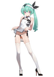 1girl absurdres aqua_hair bare_arms black_panties blush breasts china_dress chinese_clothes cleavage_cutout closed_mouth clothes_lift clothing_cutout commentary commission covered_navel dress eco_376124 floral_print_dress full_body hair_ornament high_heels highres indie_virtual_youtuber lifting_own_clothes long_hair looking_at_viewer panties pelvic_curtain pelvic_curtain_lift pixiv_commission print_dress purple_eyes side-tie_panties side_ponytail simple_background small_breasts solo standing thighhighs thighs thong tonari_mei underwear virtual_youtuber white_background white_dress white_thighhighs x_hair_ornament